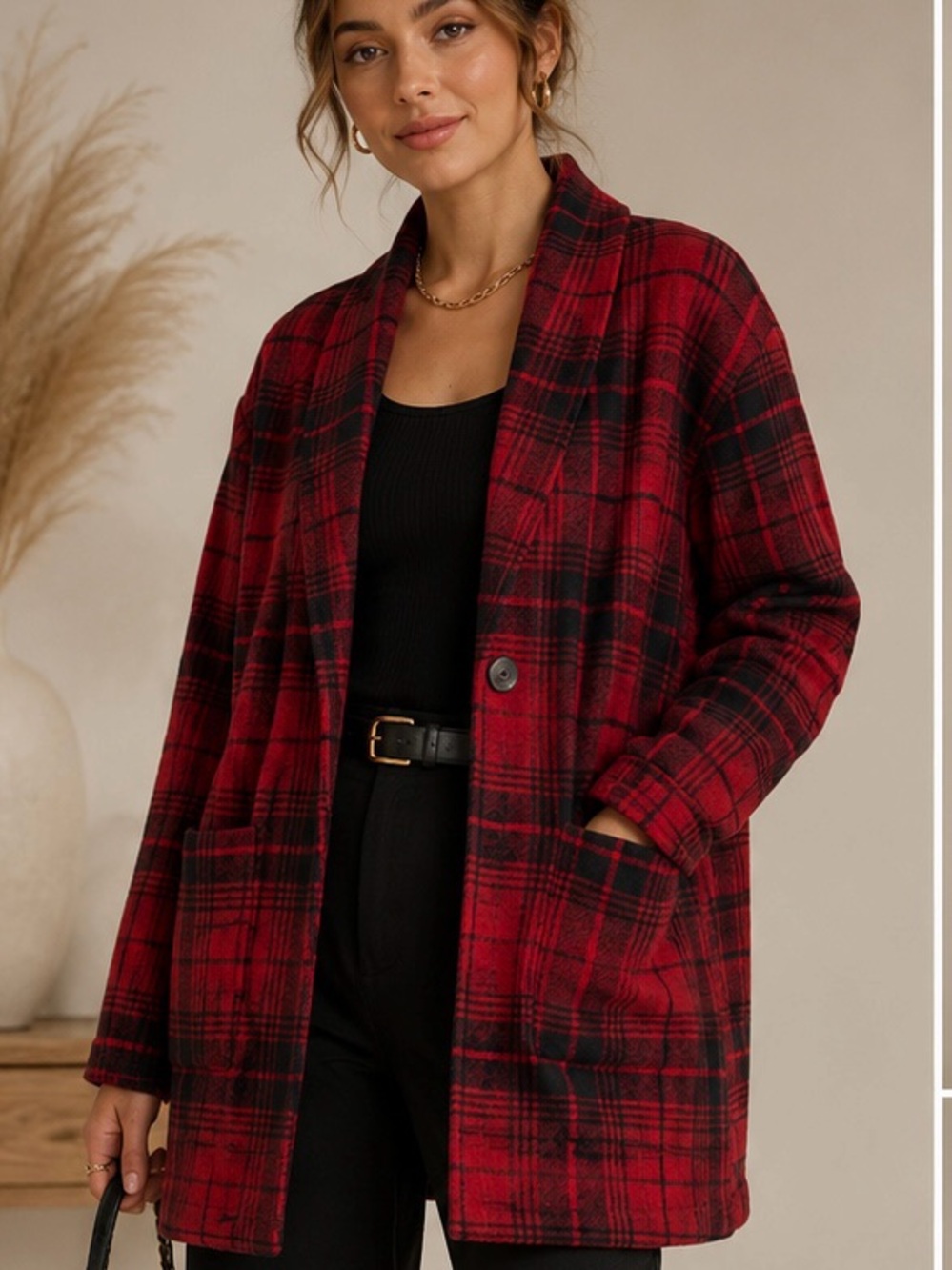Tentree Organic Cotton Plaid Cocoon Cardigan Jacket Large Red Black Cozy NWOT